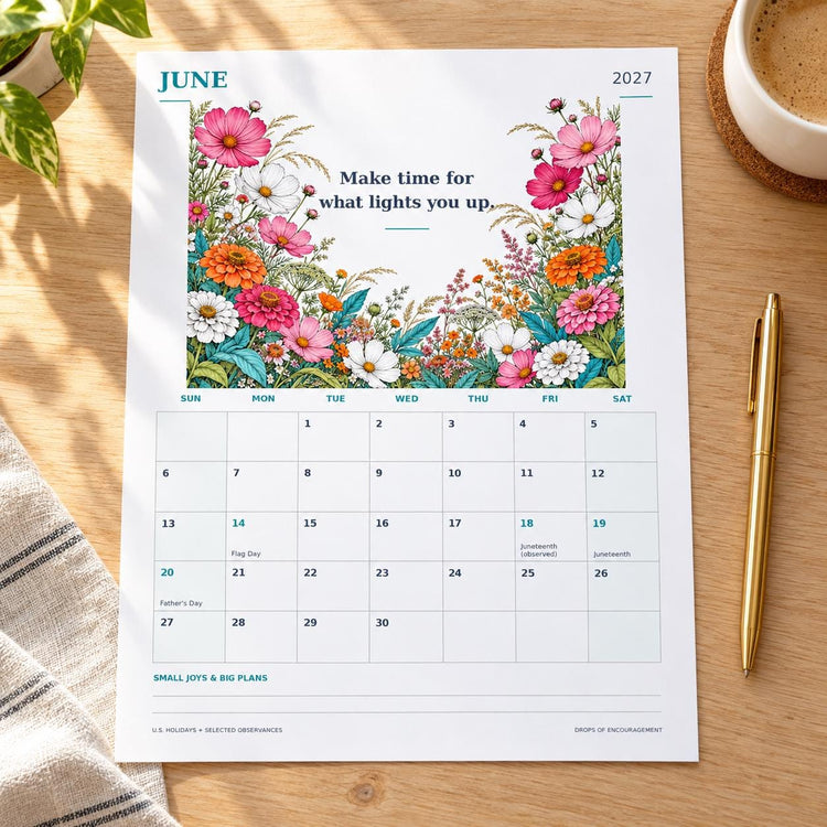 2027 Floral Wall Calendar, Botanical Illustrations, Motivational Messages (Digital Download)