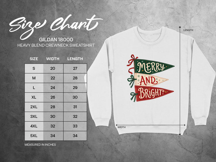 Gildan 18000 Heavy Blend Crewneck Sweatshirt size chart with width and length measurements in inches.