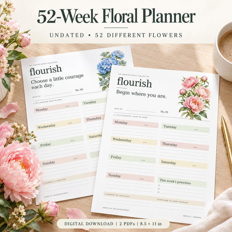 Undated Weekly Planner Printable, 52 Floral Weeks, Start Anytime, Digital Download PDF