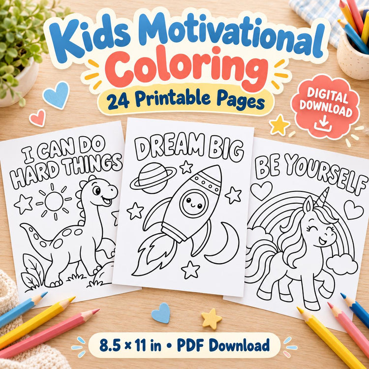 Kids Motivational Coloring Pages, 24 Positive Affirmation Printables, Classroom and Home PDF
