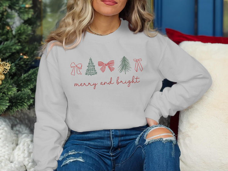 Coquette Bow Christmas Tree Sweatshirt, Merry and Bright Holiday Crewneck for Women