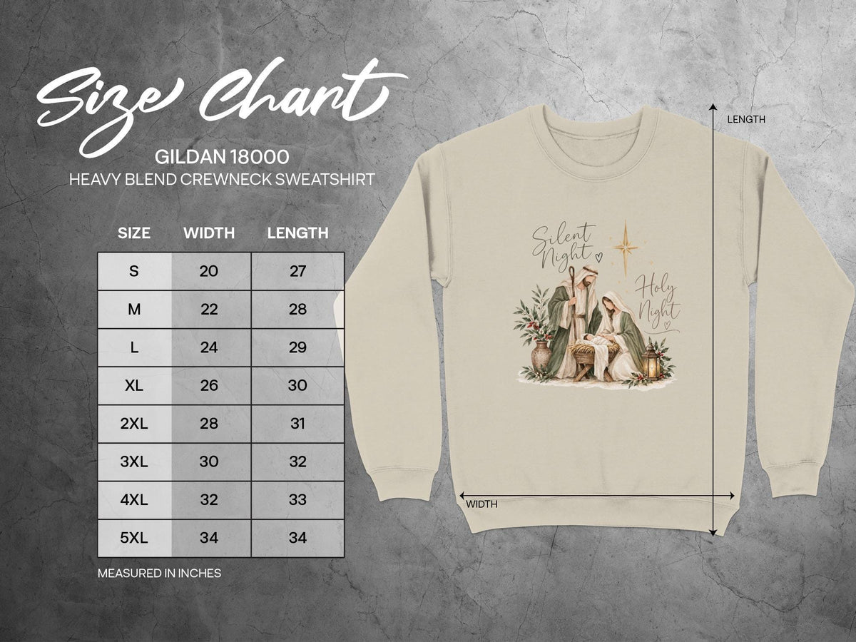 Gildan 18000 size chart for heavy blend crewneck sweatshirt with nativity graphic.