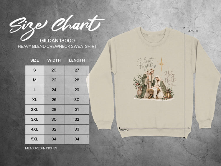 Gildan 18000 size chart for heavy blend crewneck sweatshirt with nativity graphic.