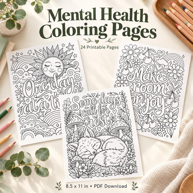 Mental Health Coloring Pages, 24 Printable Self Care and Calming Designs, Digital Download PDF