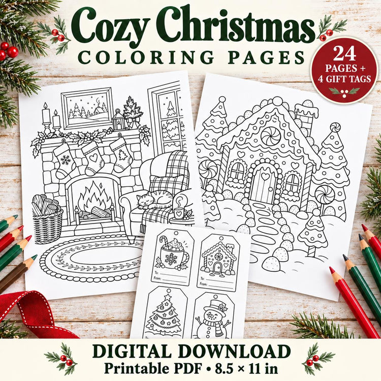 Christmas Coloring Pages Printable, 24 Cozy Designs with Gift Tags, Holiday PDF