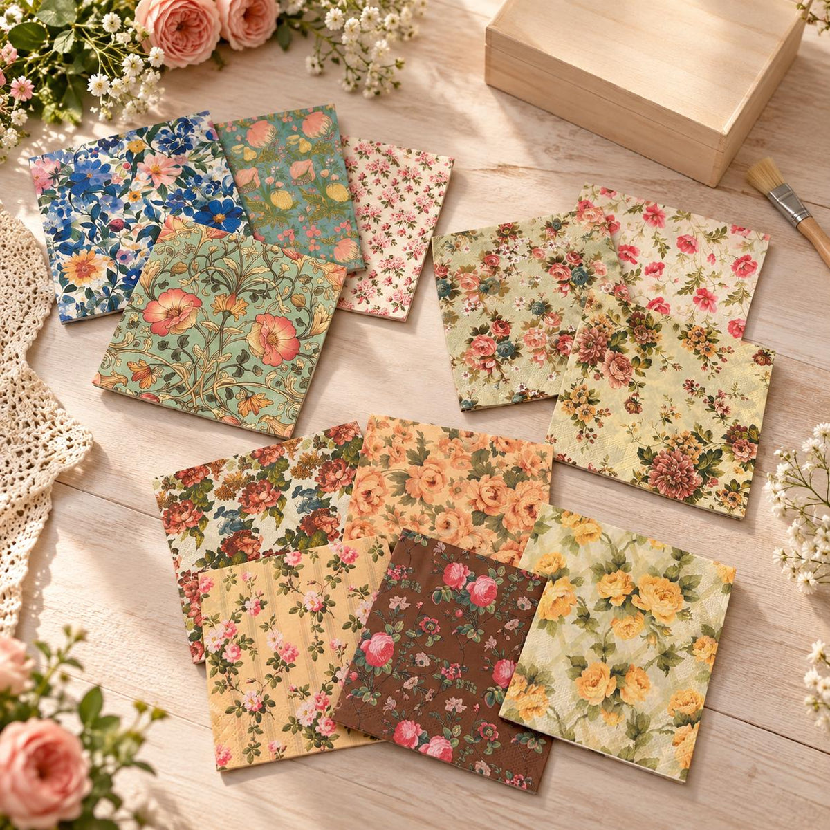 Floral Paper Napkins: 12 Vintage-Style Roses Botanicals (Craft Supply Set)