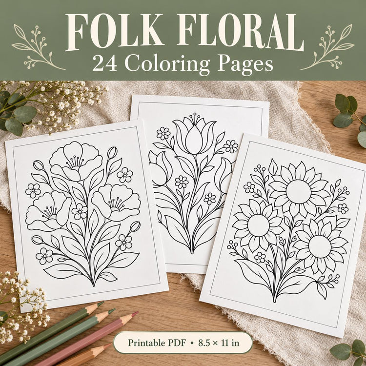 Folk Floral Coloring Pages, 24 Printable Flower Designs (Digital Download)