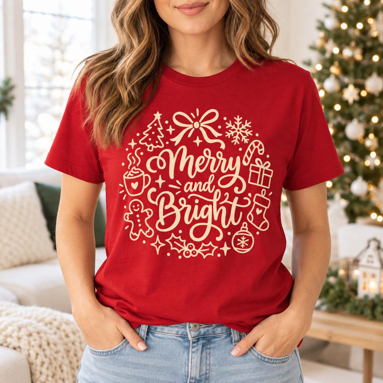 Merry and Bright Christmas T-Shirt, Holiday Icons Tee, Comfort Colors Christmas Shirt for Women
