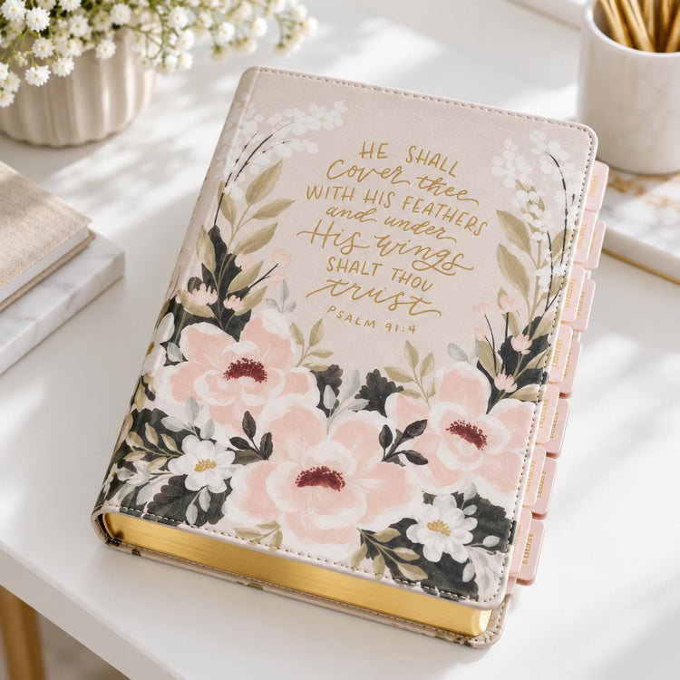 Cream Floral Faux Leather KJV Note-Taking Bible, Psalm 91:4, Journaling Bible (Optional Set)