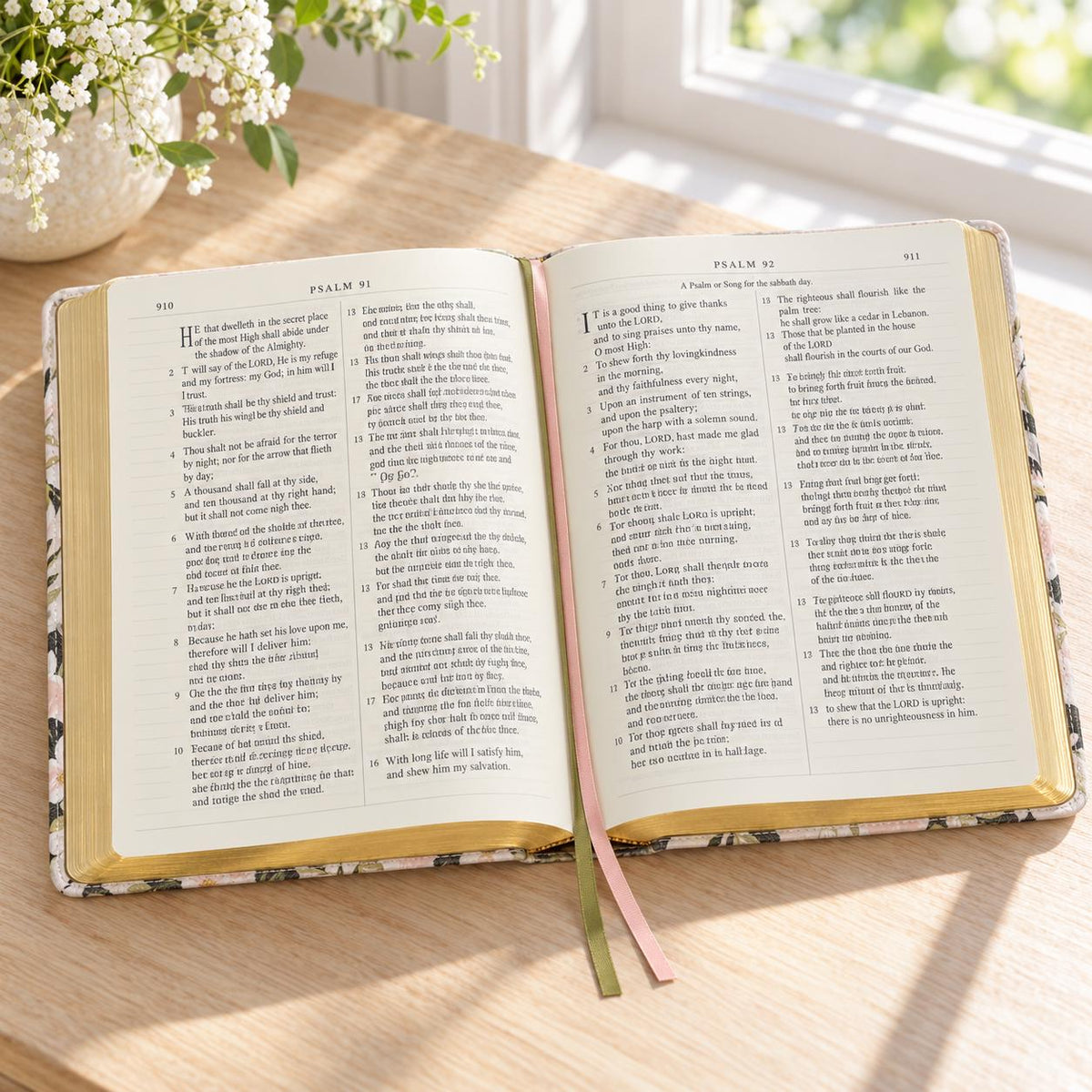 Cream Floral Faux Leather KJV Note-Taking Bible, Psalm 91:4, Journaling Bible (Optional Set)
