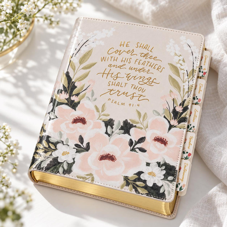 Cream Floral Faux Leather KJV Note-Taking Bible, Psalm 91:4, Journaling Bible (Optional Set)