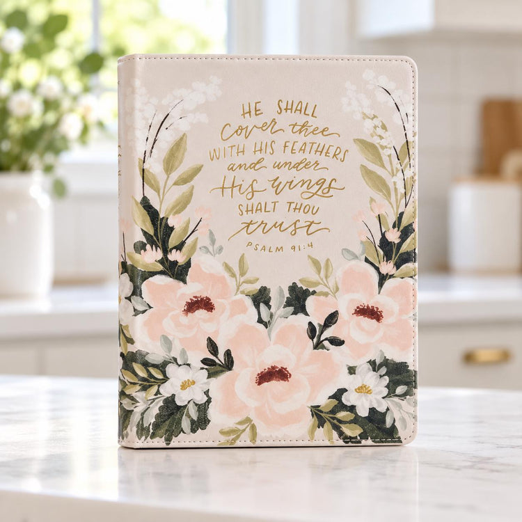 Cream Floral Faux Leather KJV Note-Taking Bible, Psalm 91:4, Journaling Bible (Optional Set)