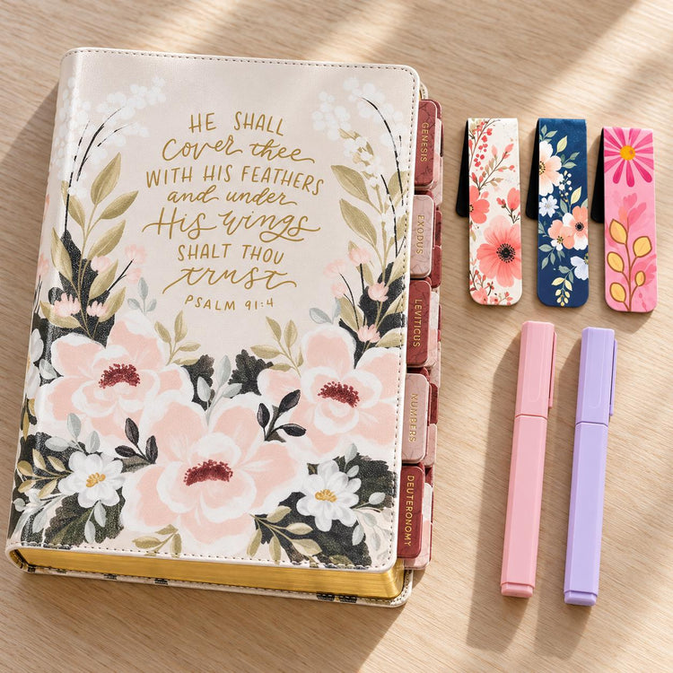 Cream Floral Faux Leather KJV Note-Taking Bible, Psalm 91:4, Journaling Bible (Optional Set)