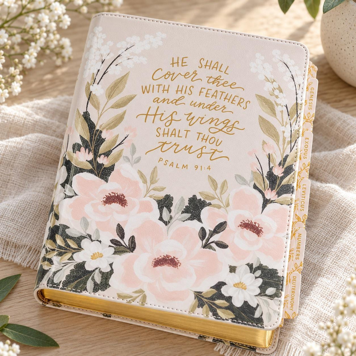 Cream Floral Faux Leather KJV Note-Taking Bible, Psalm 91:4, Journaling Bible (Optional Set)