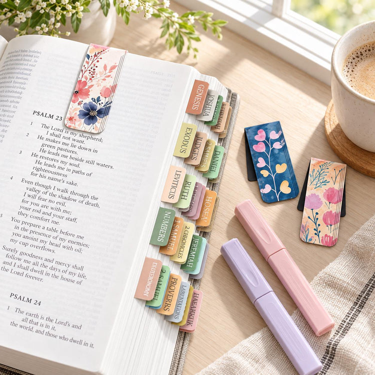 Bible Study Accessory Set, Floral Magnetic Bookmarks, Pastel Highlighters, Christian Gift
