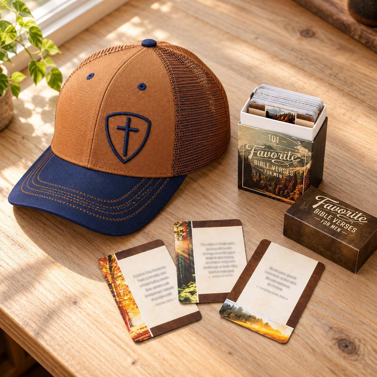 Christian Gift Set: Cross Shield Trucker Hat & Bible Verses for Men