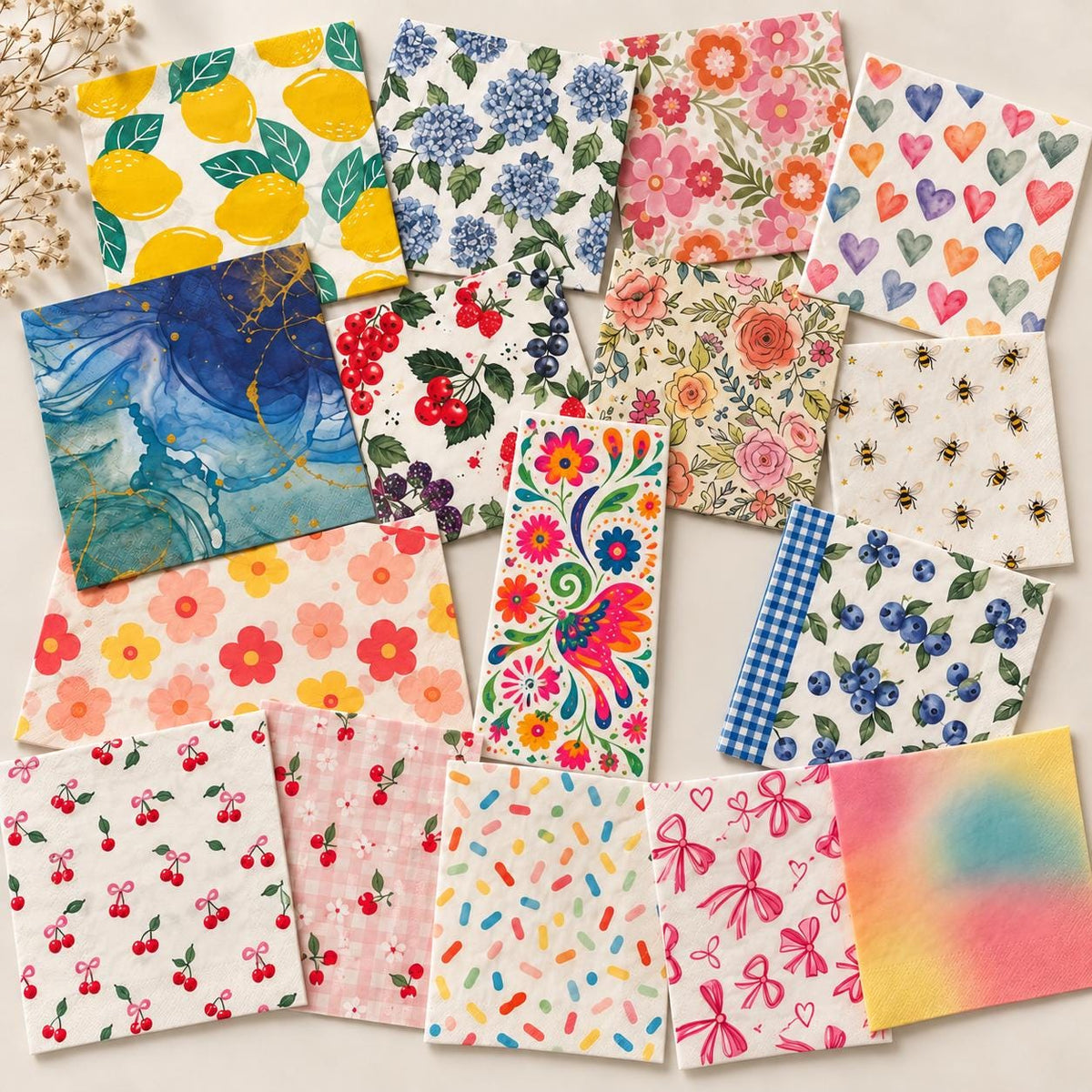 Colorful Floral Fruit Napkins for Crafts, Decoupage, Junk Journals (Set of 16)