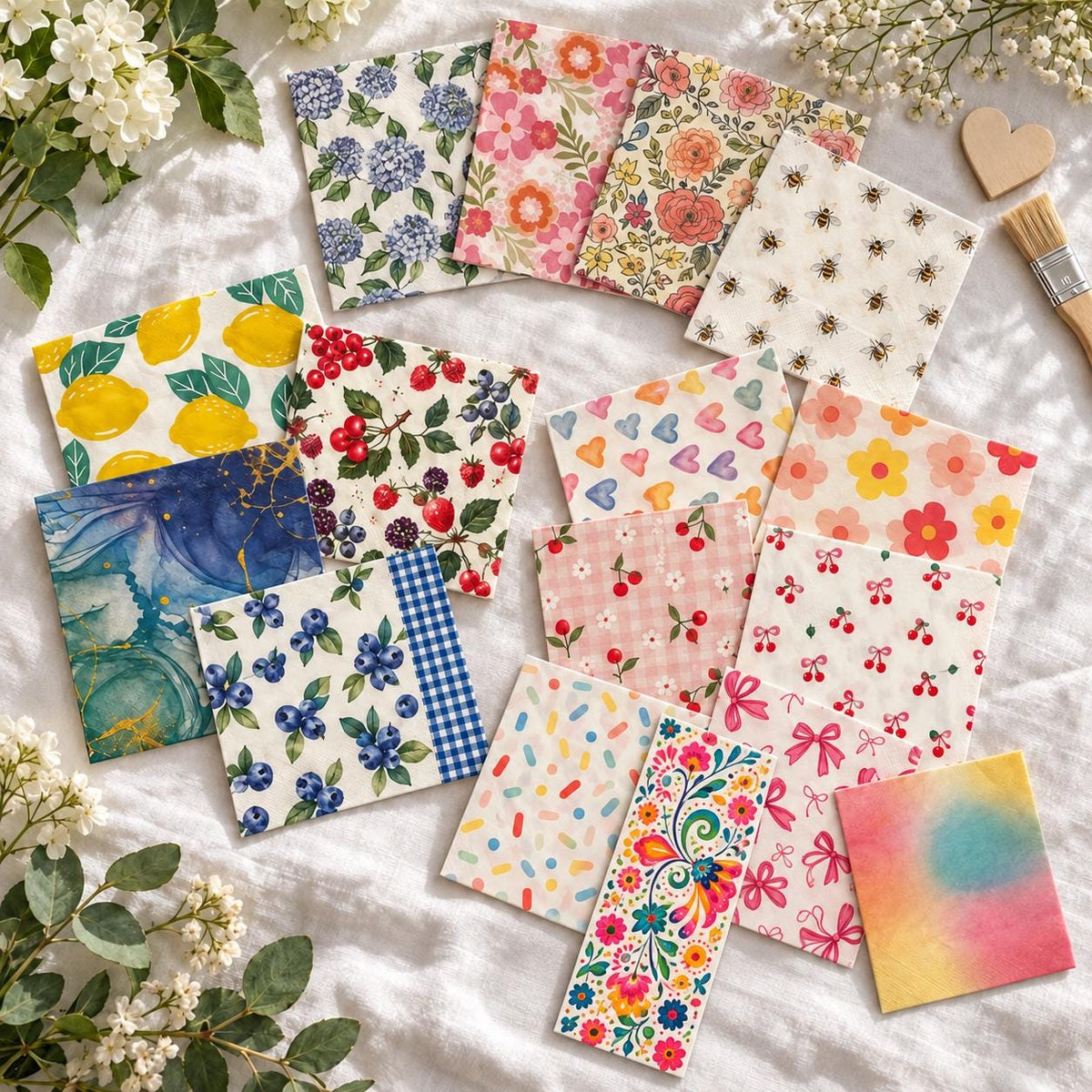 Colorful Floral Fruit Napkins for Crafts, Decoupage, Junk Journals (Set of 16)