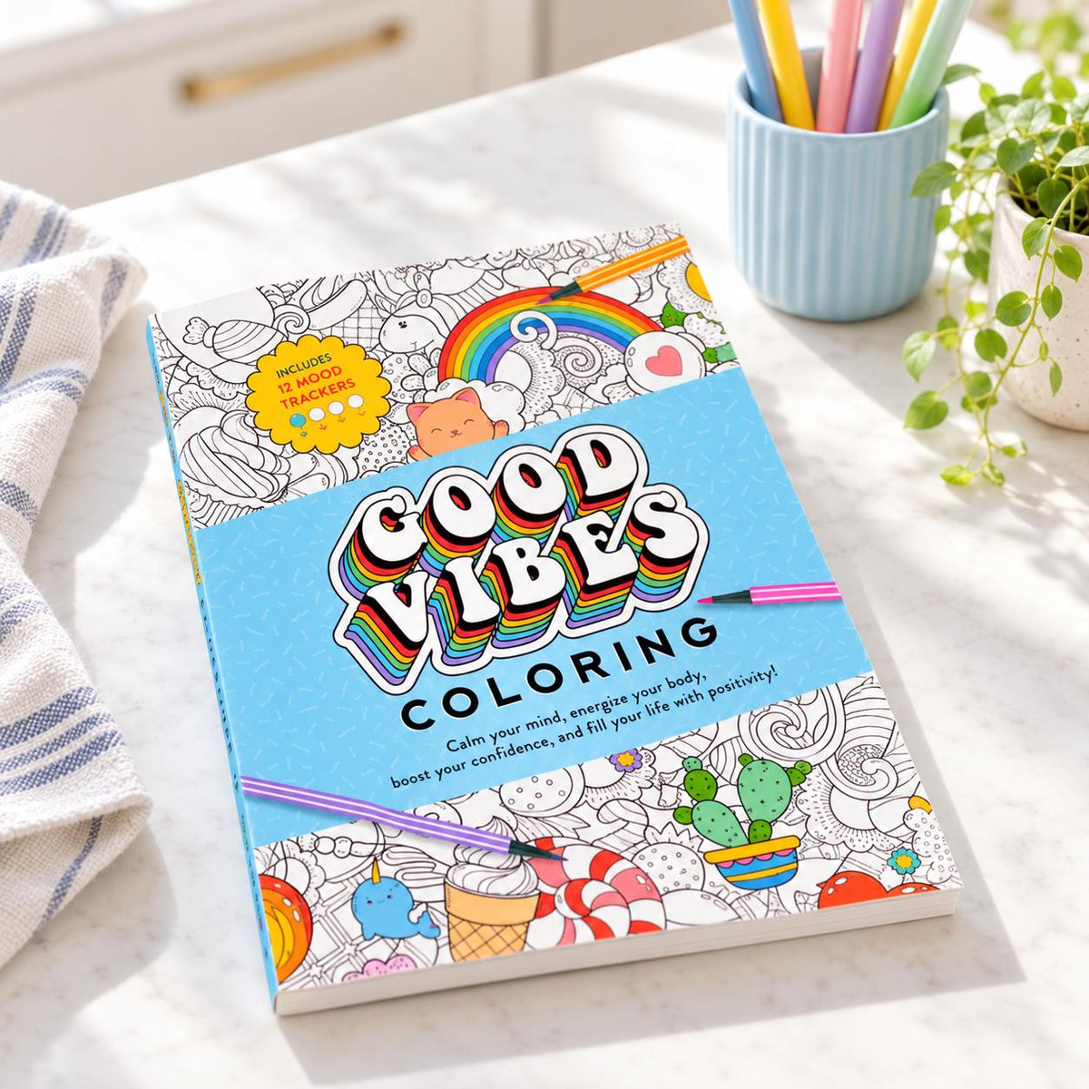 Good Vibes Coloring Book with 12 Mood Trackers, Positive Affirmations & Doodle Designs, Encouragement Gift