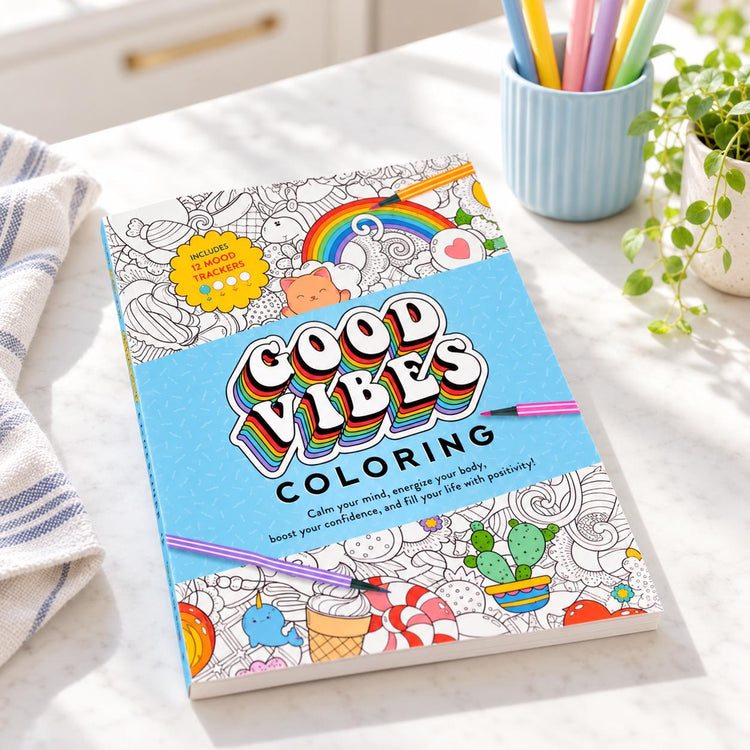 Good Vibes Coloring Book with 12 Mood Trackers, Positive Affirmations & Doodle Designs, Encouragement Gift