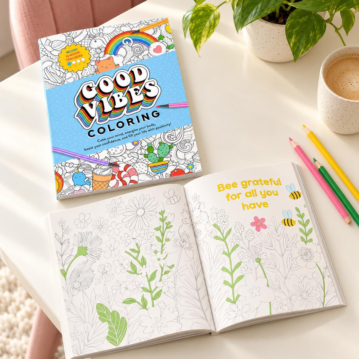Good Vibes Coloring Book with 12 Mood Trackers, Positive Affirmations & Doodle Designs, Encouragement Gift