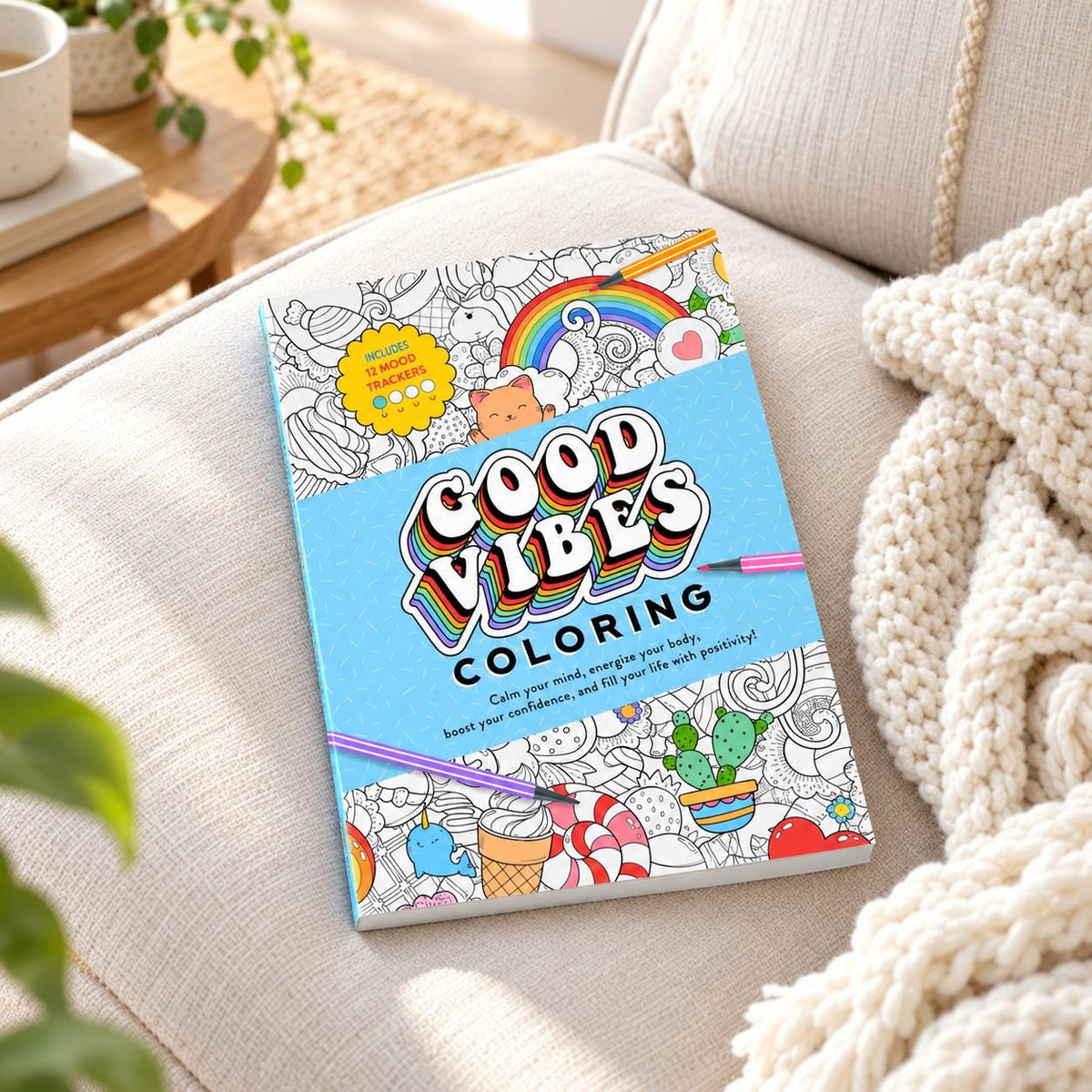 Good Vibes Coloring Book with 12 Mood Trackers, Positive Affirmations & Doodle Designs, Encouragement Gift