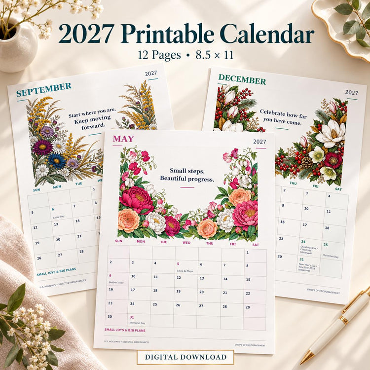2027 Floral Wall Calendar, Botanical Illustrations, Motivational Messages (Digital Download)