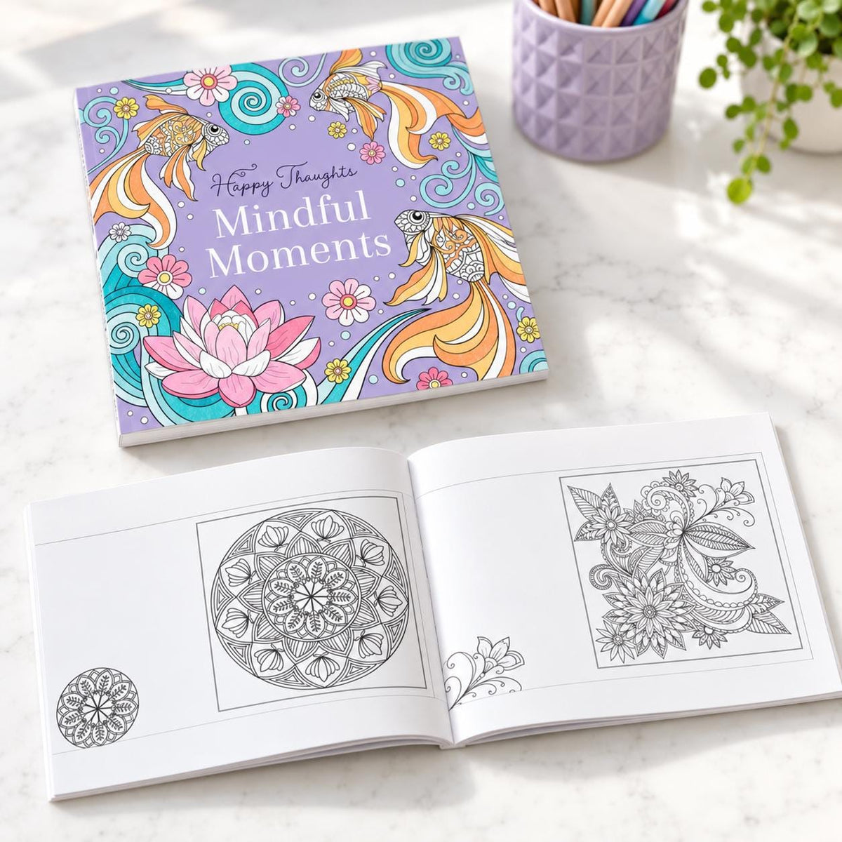 Coloring Book Set, Happy Thoughts with 12 Color Pencils & Encouragement Cards