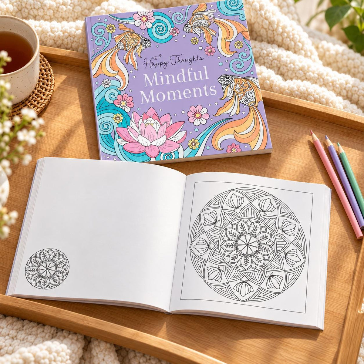 Coloring Book Set, Happy Thoughts with 12 Color Pencils & Encouragement Cards