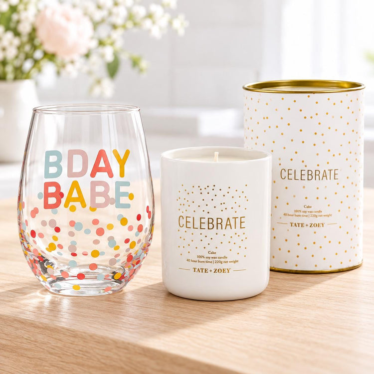 BDAY BABE Stemless Glass & Celebrate Candle Gift Set, Pastel Confetti Design