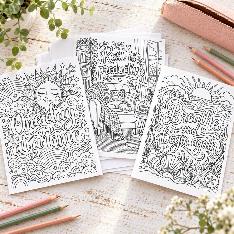 Mental Health Coloring Pages, 24 Printable Self Care and Calming Designs, Digital Download PDF