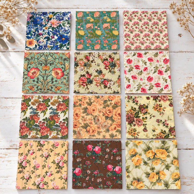 Floral Paper Napkins: 12 Vintage-Style Roses Botanicals (Craft Supply Set)