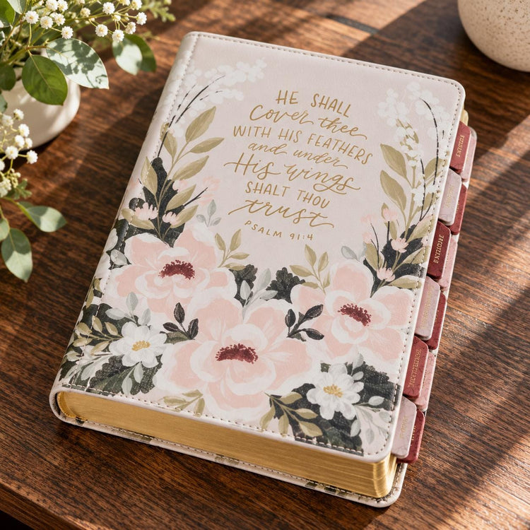 Cream Floral Faux Leather KJV Note-Taking Bible, Psalm 91:4, Journaling Bible (Optional Set)