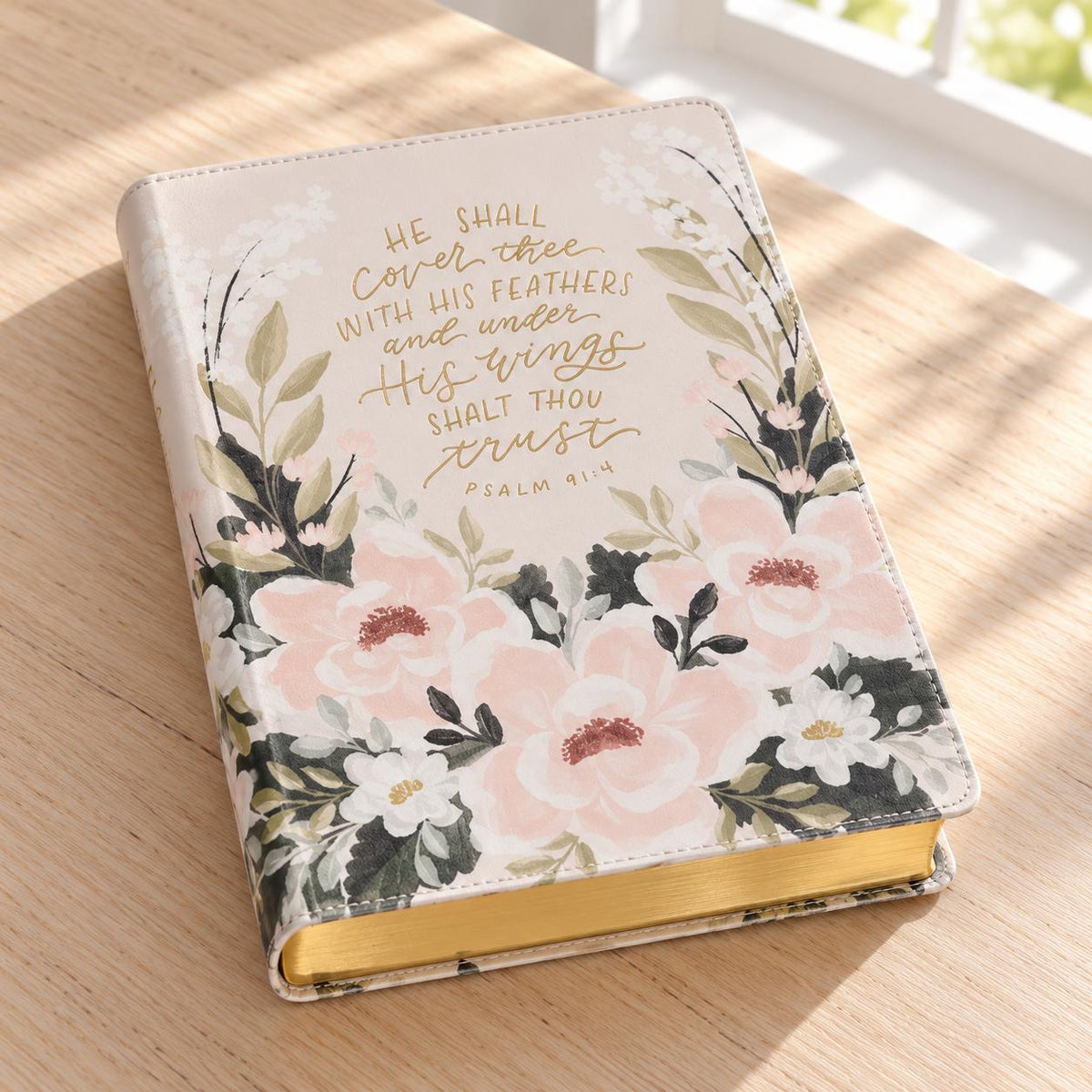 Cream Floral Faux Leather KJV Note-Taking Bible, Psalm 91:4, Journaling Bible (Optional Set)
