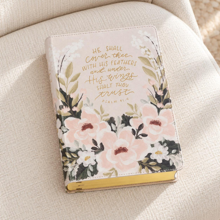 Cream Floral Faux Leather KJV Note-Taking Bible, Psalm 91:4, Journaling Bible (Optional Set)