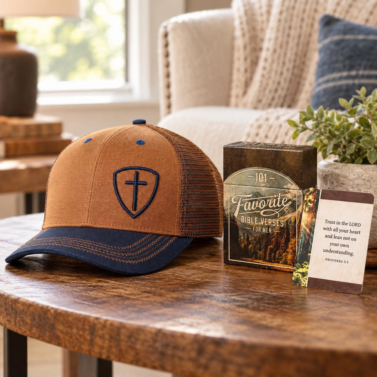 Christian Gift Set: Cross Shield Trucker Hat & Bible Verses for Men
