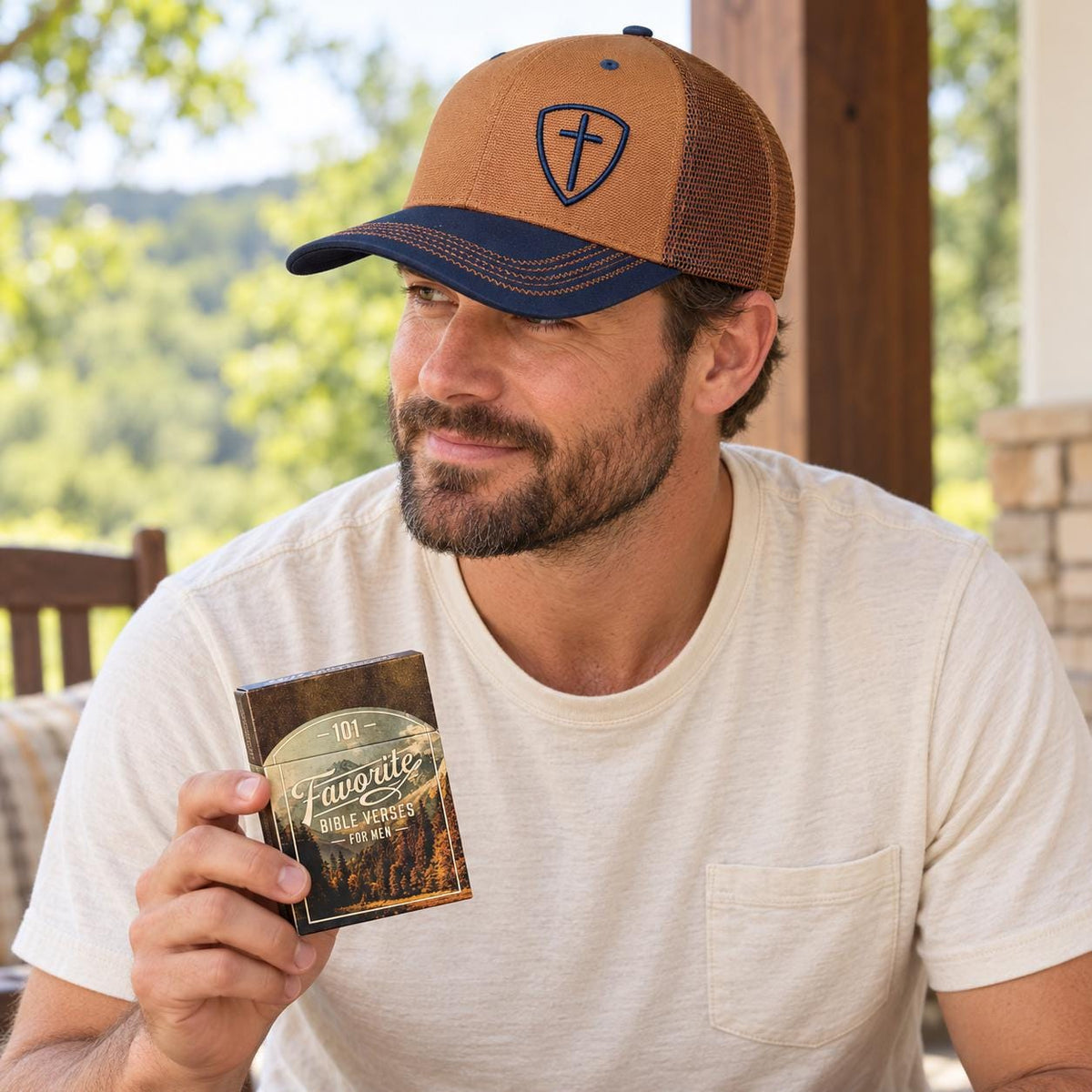 Christian Gift Set: Cross Shield Trucker Hat & Bible Verses for Men
