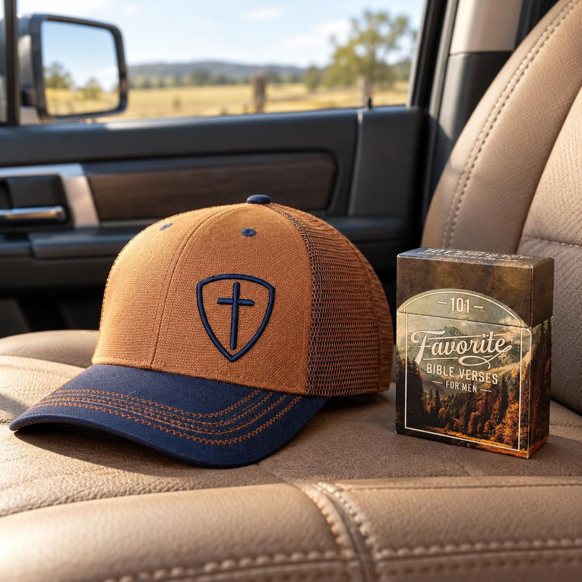 Christian Gift Set: Cross Shield Trucker Hat & Bible Verses for Men