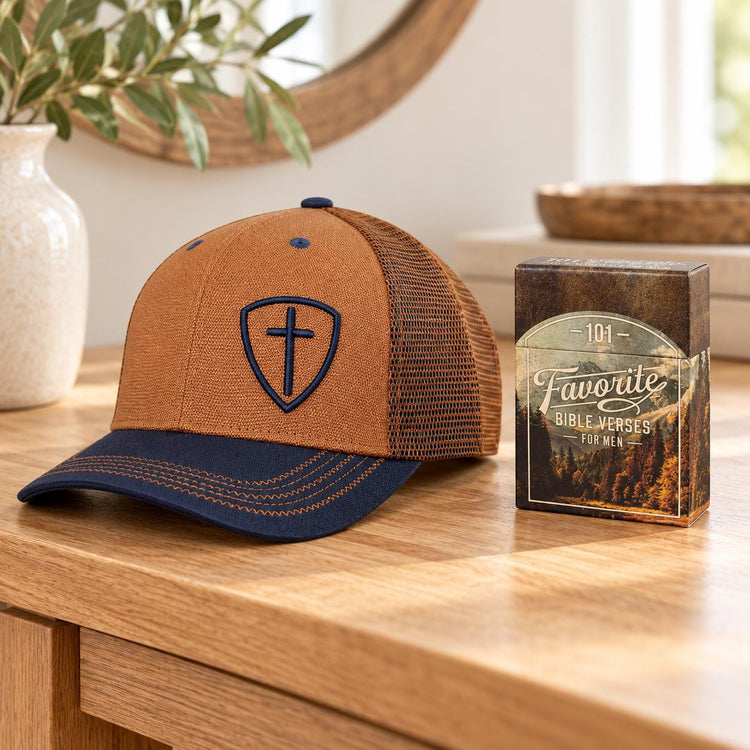 Christian Gift Set: Cross Shield Trucker Hat & Bible Verses for Men