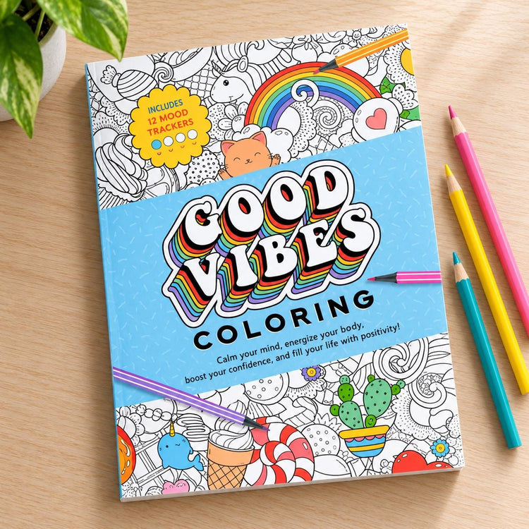 Good Vibes Coloring Book with 12 Mood Trackers, Positive Affirmations & Doodle Designs, Encouragement Gift