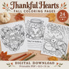 Thanksgiving Coloring Pages Printable, 24 Thankful Hearts Fall Designs, Gratitude Activity PDF